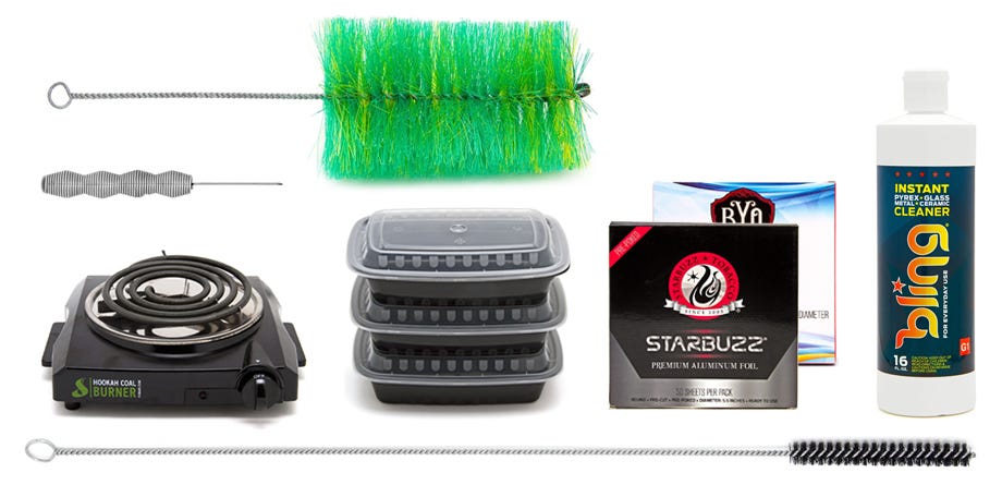 Hookah base brush, hookah stem brush, hookah charcoal burner, hookah shisha storage containers, hookah foil packets, Bling cleaning solution and hookah foil poker