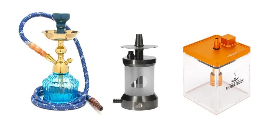 MYA Saray QT hookah, Sheeshaya Hazard hookah, and Shishabucks Cloud hookah