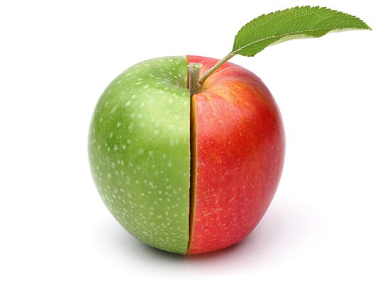 Green and red apple halves put together