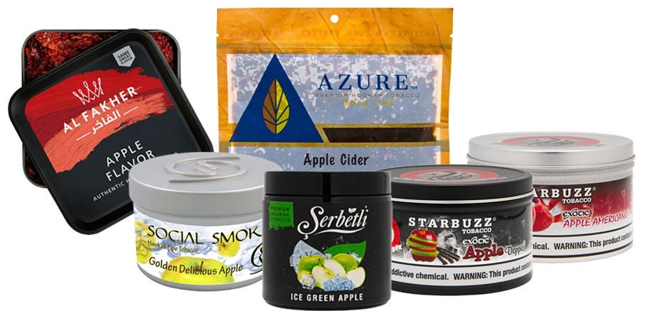 Variety of containers of apple based shisha