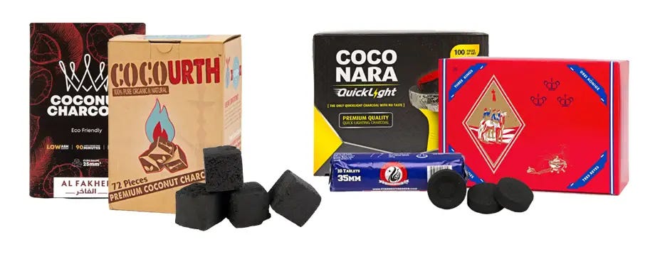 Various brands, types, and sizes of hookah charcoal