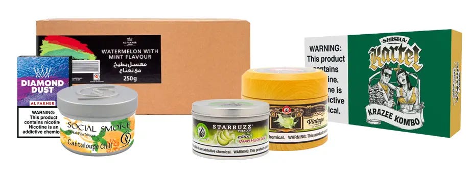 Various brands and sizes of shisha tobacco