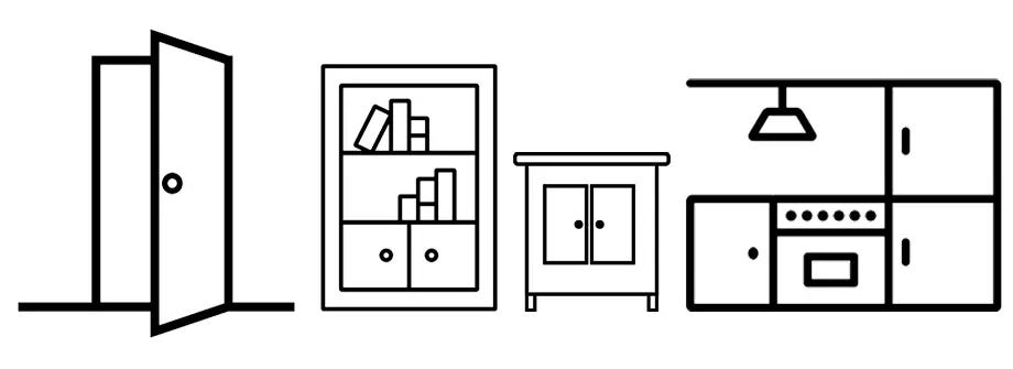 Illustration of a closet door, bookshelf, short cabinet, and kitchen cupboards