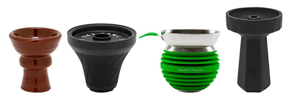 Traditional hookah bowl next to various silicone hookah bowls