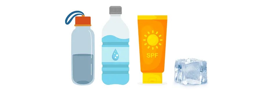 Bottles of water, sunscreen and block of ice