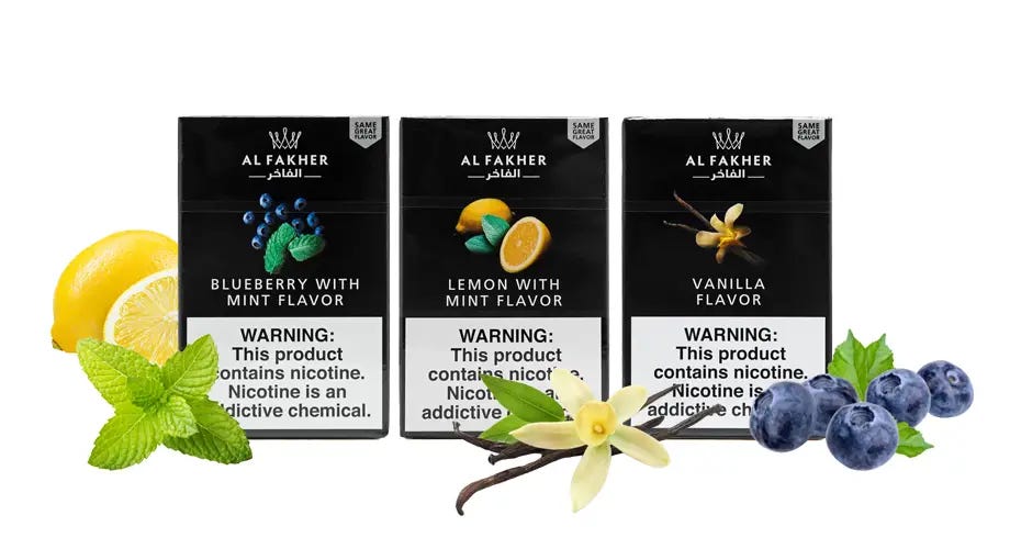 Al Fakher Blueberry Mint, Lemon Mint, and Vanilla 50g boxes with blueberries, lemon, vanilla beans, and mint leaves