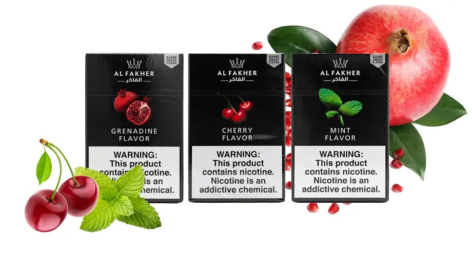 Al Fakher Grenadine, Cherry, and Mint 50g boxes with mint leaves, cherries, and sliced grenadine