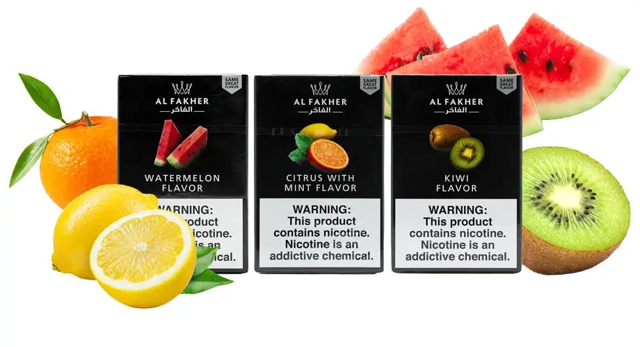 Al Fakher Watermelon, Citrus Mint, and Kiwi 50g boxes with slices of watermelon, an orange and lemon, and slice of kiwi