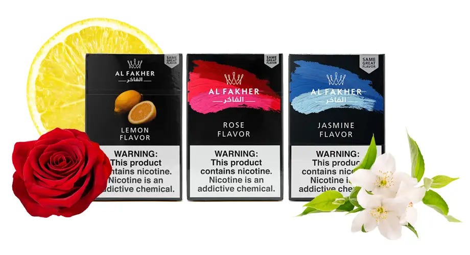 Al Fakher Lemon, Rose, and Jasmine 50g boxes with lemon slice, jasmine, and a rose