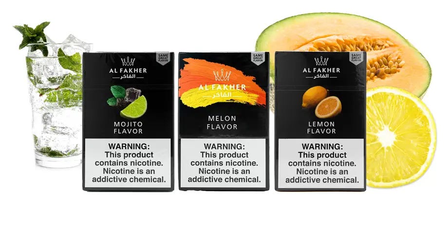 Al Fakher Mojito, Melon, and Lemon 50g boxes with sliced melon, lemon slice, and mojito drink