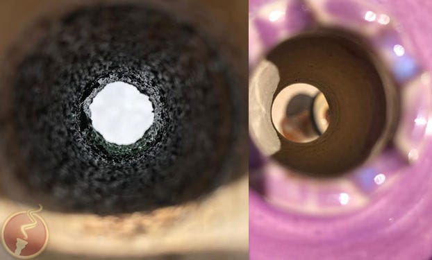 Inside view of hookah bowl with char versus no char