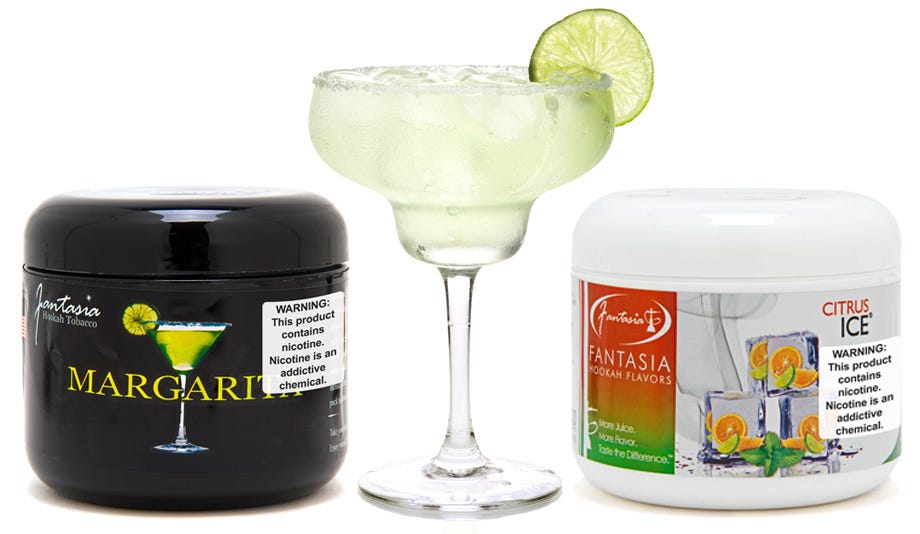 Two jars of Fantasia shisha tobacco with a margarita