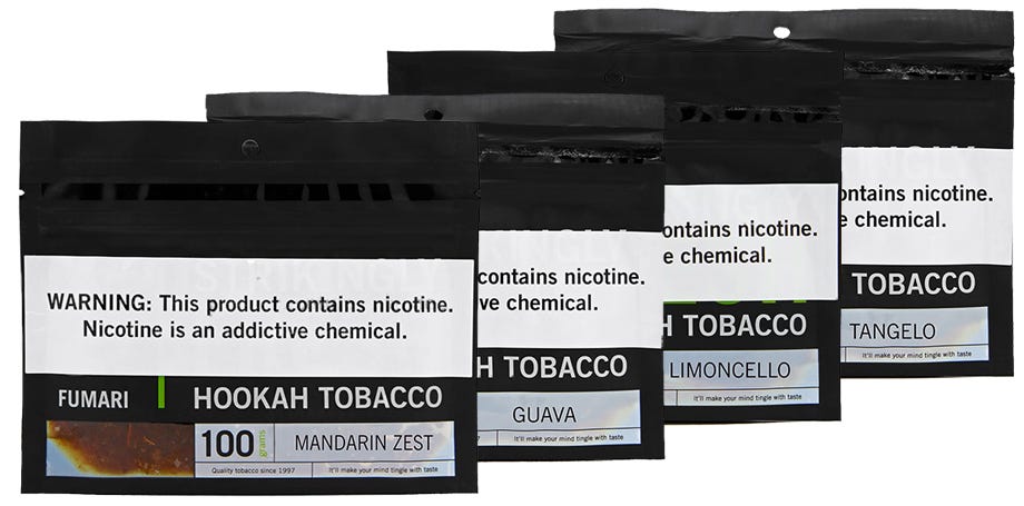 Stack of pouches of Fumari shisha tobacco