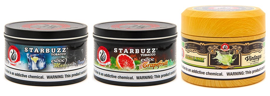 Three jars of Starbuzz shisha tobacco