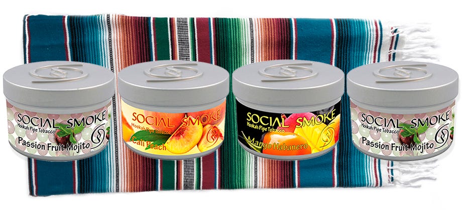 Four jars of Social Smoke shisha tobacco on a Mexican blanket