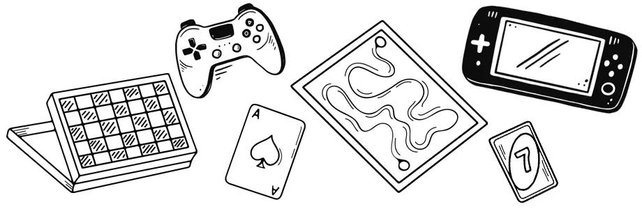 Illustration of various forms of board games, playing cards and video games