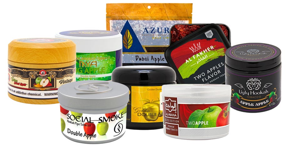 Various containers of double apple shisha