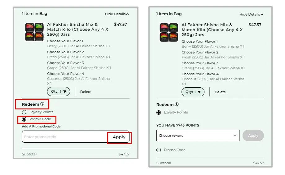 Screenshot of how to redeem points or coupon code during checkout