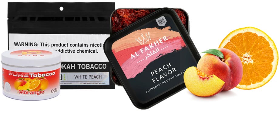 Pure Morangie tin, Fumari White Peach pouch, Al Fakher Peach jar next to a peach and orange slice 