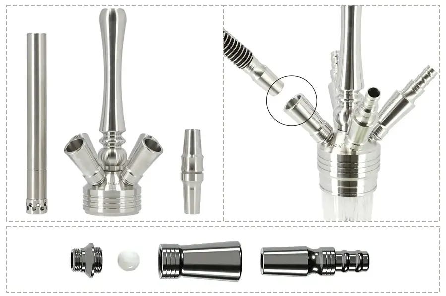 Close up details of German hookah hose ports and hose adapters