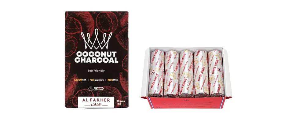 Box of Al Fakher charcoal next to box of quick-lighting Three Kings charcoal