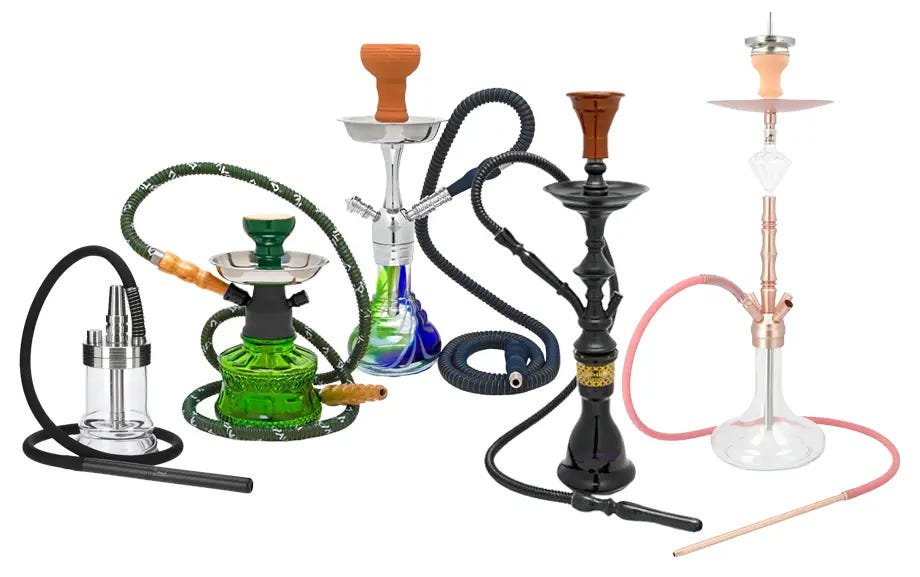 Various styles of hookahs in different sizes from 7" to 28" in height