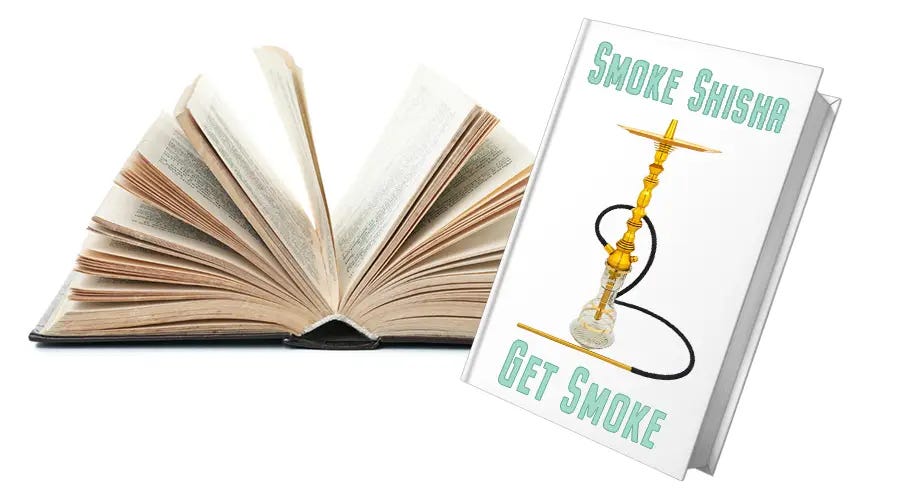 Open book fanned out next to a closed book with fake title: "Smoke Shisha Get Smoke" and B2 Hookah on the cover