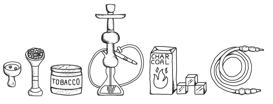 Illustrations of hookah bowl, shisha, hookah, hookah charcoal, and hookah hose