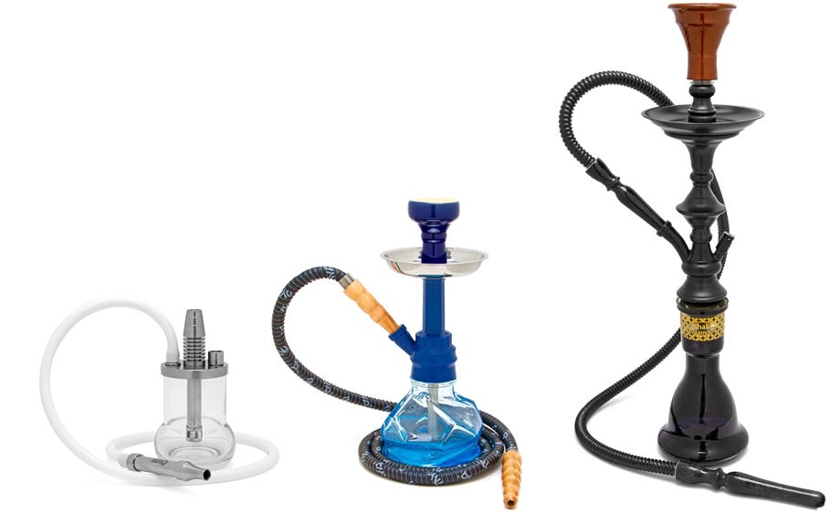 Oduman glass hookah, MYA Chico hookah, and Khalil Mamoon Mini Classic hookah