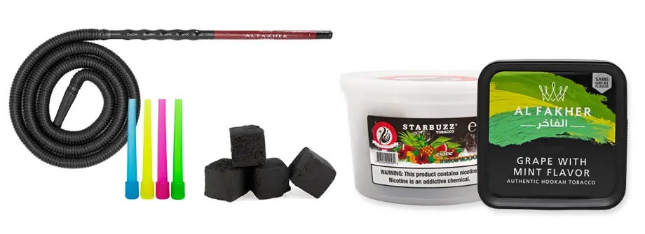 Al Fakher Disposable Hose along with hose mouth tips, Al Fakher kilo of shisha tobacco, Starbuzz kilogram of shisha tobacco, and pieces of hookah charcoal