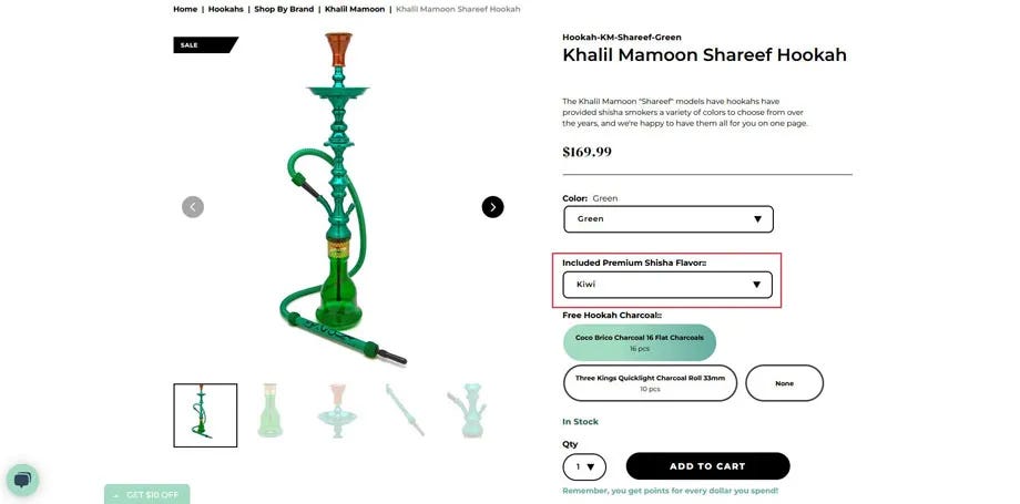 Screen grab of check out process with "Select Shisha" option highlighted