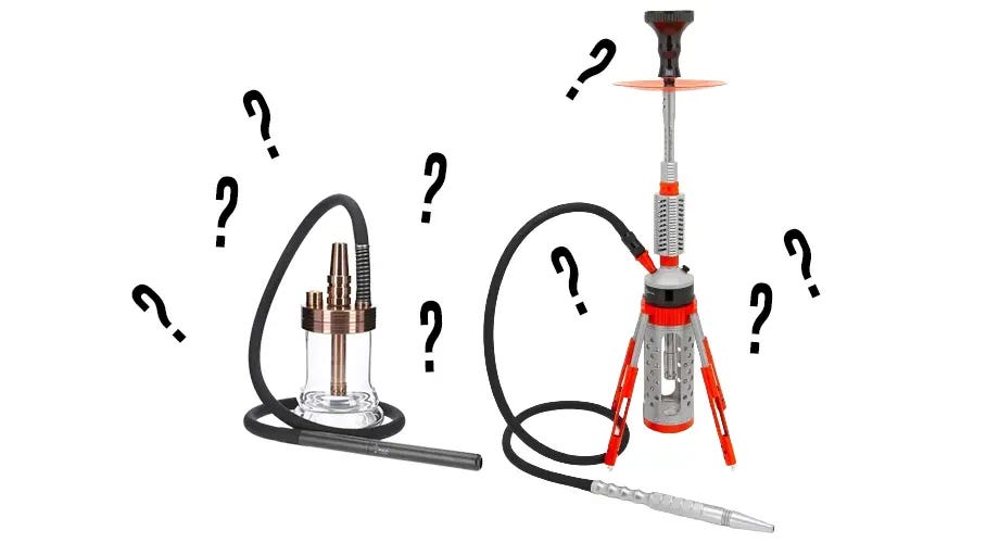 INVI Nano Stainless Steel hookah next to Starbuzz Carbine hookah surrounded by question marks