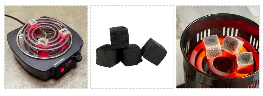 Pieces of natural hookah charcoal on burners and by themselves