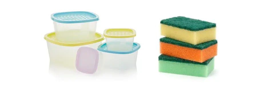 Small Tubberware contains and stack of two-sided sponges