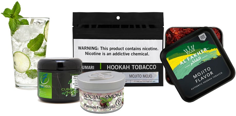 A mojito cocktail along with a jar of Fantasia Cuban Mojito shisha, a jar of Social Smoke Passion Fruit Mojito shisha, Fumari Mojito Mojo, and a jar of Al Fakher Mojito shisha.