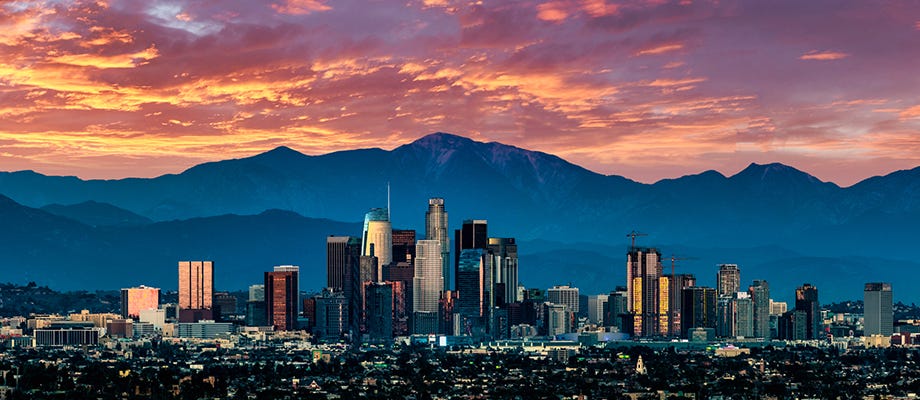 California city skyline at sunset