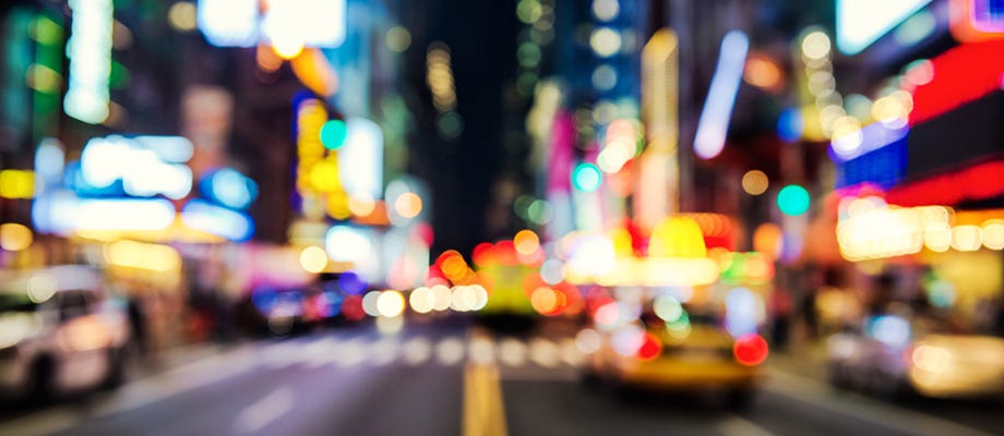 New York City scene at night from streetview