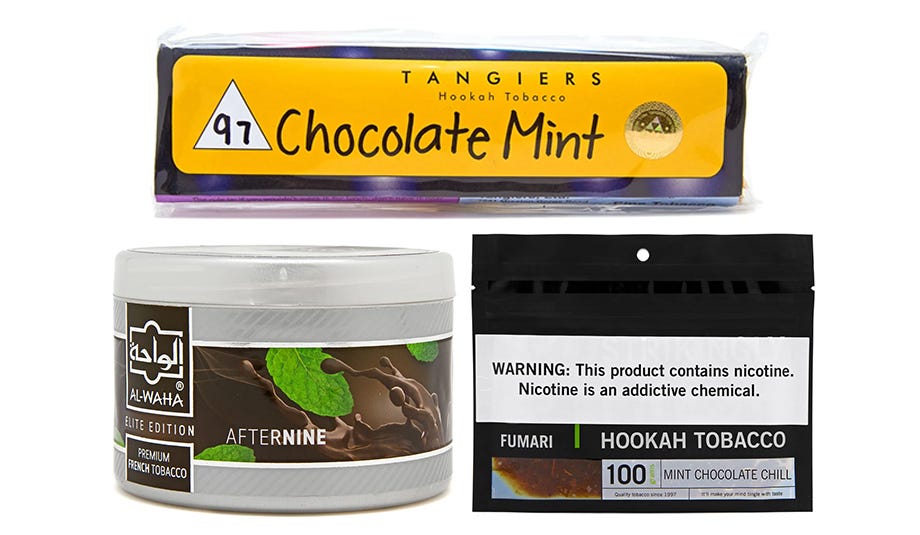 Tangiers Chocolate Mint pouch, Al Waha After Nine jar, and Fumari Mint Chocolate Chill pouch of shisha tobacco