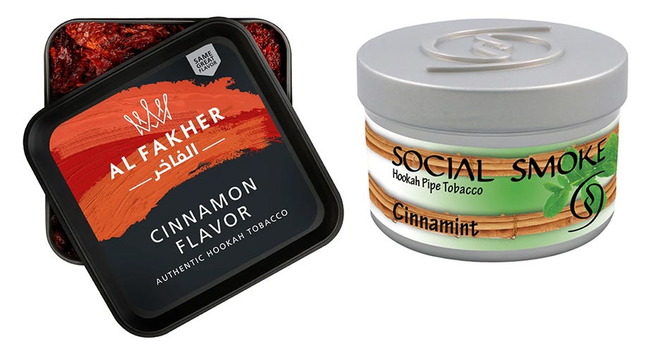 Al Fakher Cinnamon jar and Social Smoke Cinnamint jar of shisha tobacco