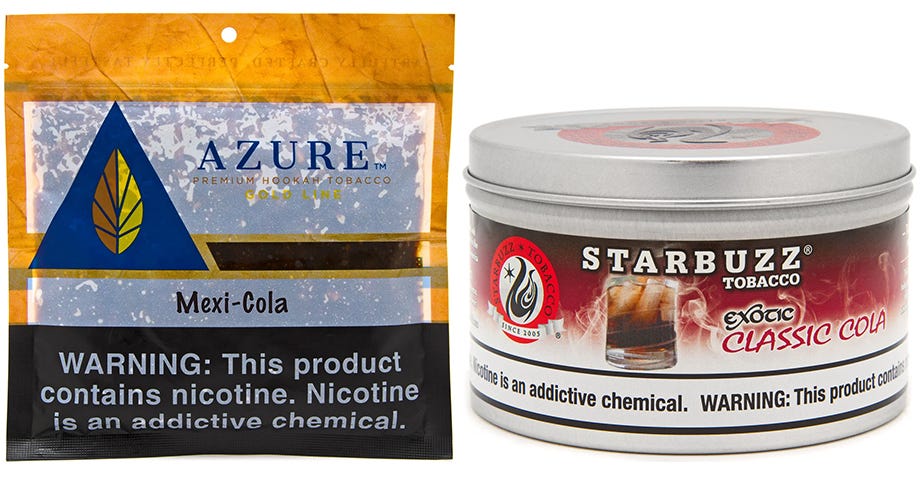 Azure Mexi Cola pouch and Starbuzz Classic Cola tin of shisha tobacco