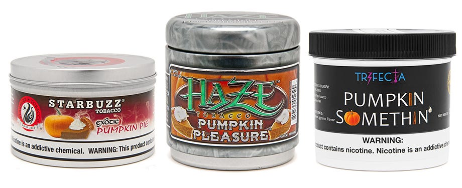 Starbuzz Pumpkin Pie tin, Haze Pumpkin Pleasure jar, and Trifecta Pumpkin Somethin' jar of shisha tobacco