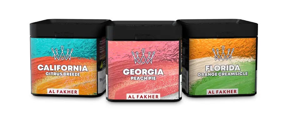 Al Fakher Provenance California Citrus Breeze, Florida Orange Creamsicle, and Georgia Peach Pie tubs