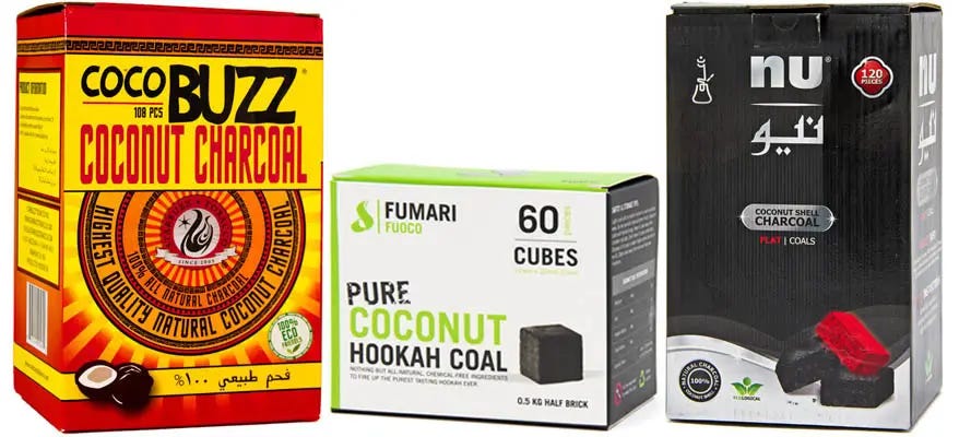 Boxes of CocoBuzz, Fumari and Nu hookah charcoal