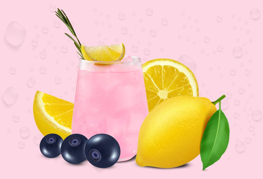 lemons and blueberries with glass of pink lemonande