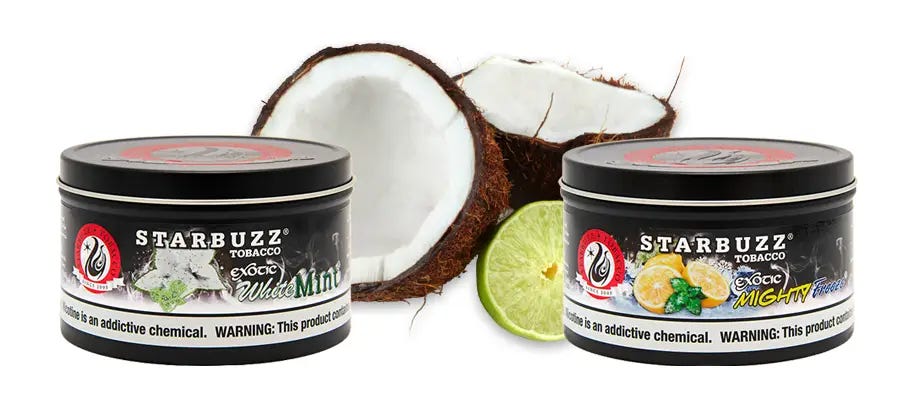 Starbuzz Bold White Mint shisha, Starbuzz Bold Mighty Freeze shisha, and coconuts with lime