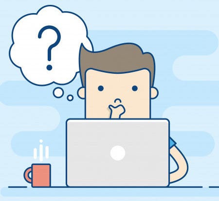 Illustration of man sitting behind a computer contimplating