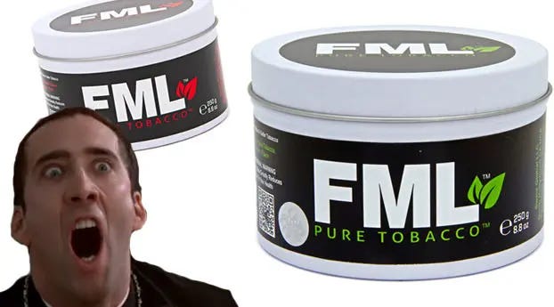Tins of Pure FML and Pure FML Red with man screaming