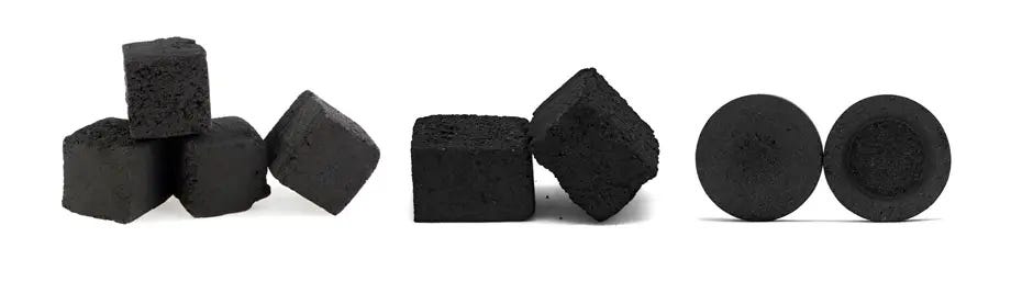 Various styles of hookah charcoal shown in cube, flats and quicklight pieces