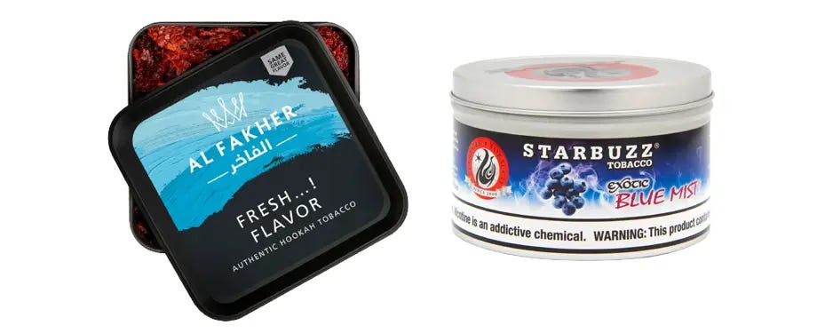 Al Fakher Fresh 250g tub and Starbuzz Blue Mist 250g tin