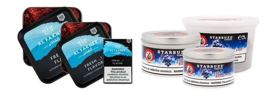 Al Fakher Fresh in 50g, 250g and 1kg sizes next to Starbuzz Blue Mist in 100g, 250g, and 1kg sizes